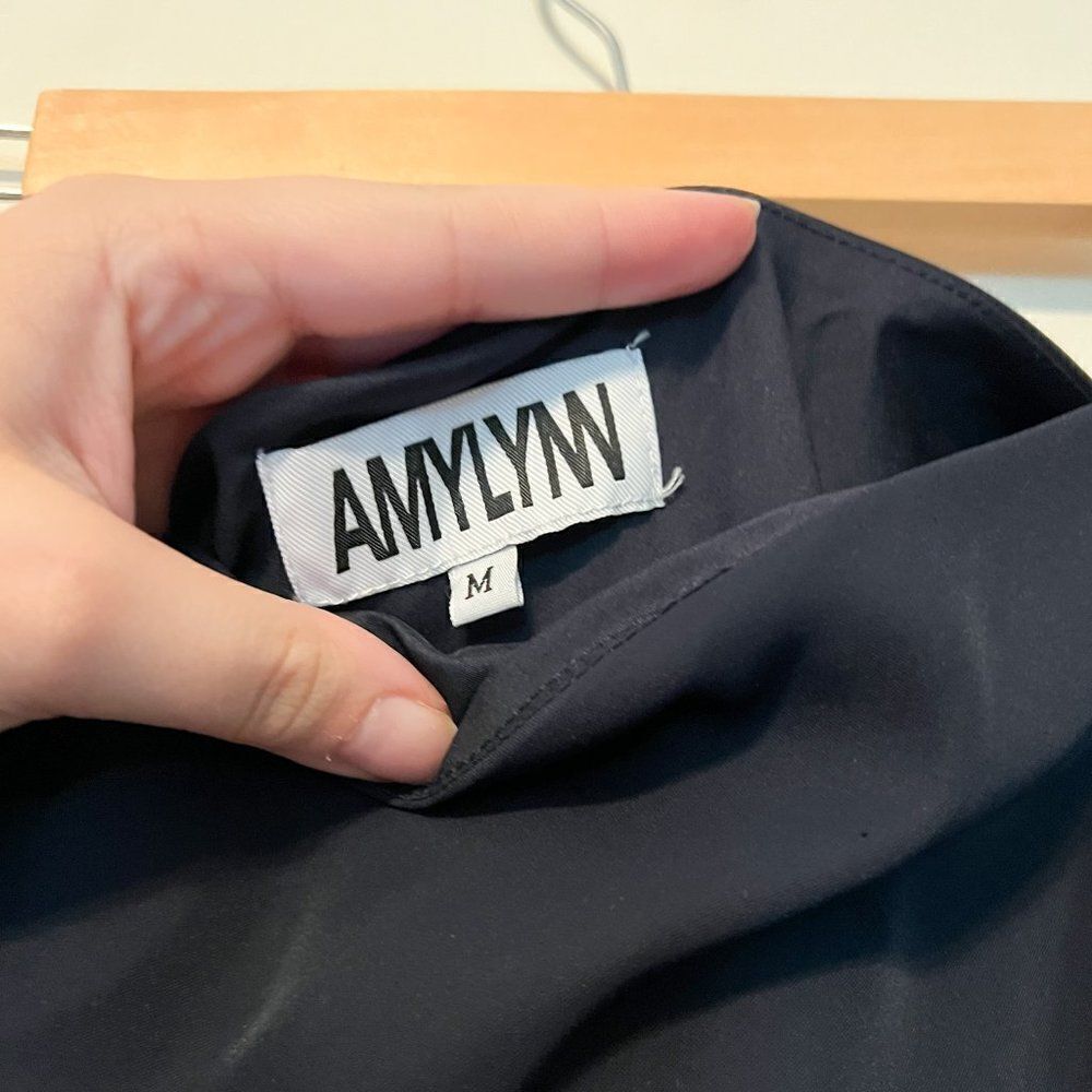 Amy Lynn Navy Blue One Shoulder Tie Satin Evening Midi Dress Size Medium - Picture 6 of 11